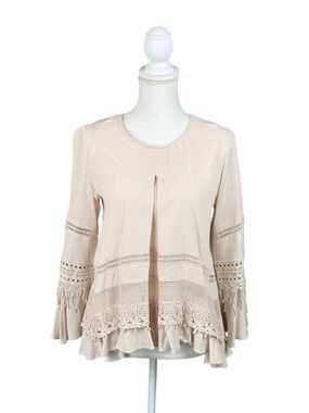 CIRANA Boho Blouse Lace Trim Fringe Bell Sleeve HiLo Hem Beige/Taupe Size Small